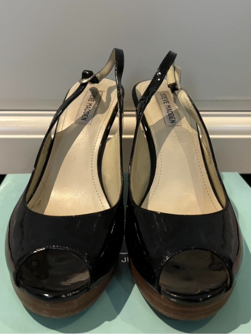 Steve Madden Black Patent Open-Toe Slingback Wedges